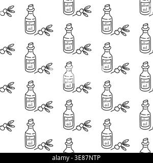Seamless pattern with olive oil bottles and olive branches on white background. Minimal black outline vector print.  Stock Vector