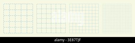 Square grid collection dashed node geometry, four samples blueprint style. Center marker lattice structure, interface layouts editorial compositions planning sheets dashboards digital technology.  Stock Vector