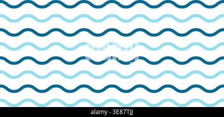 Waves pattern. Repeated horizontal blue undulated lines on white background. Sea or ocean, lake or river water texture. Summer theme wallpaper. Simple nautical print. Vector illustration. Stock Vector