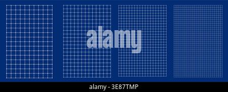 Set of square grids with small circles on blue in four densities. Fine lines dot nodes precise pages UI wireframes, network diagrams. Modern technical bundle fits technology branding, app mockups Stock Vector