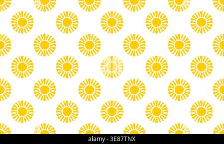 Seamless pattern with yellow sun shapes in childish style. Sunburst, sunlight or sunshine background. Summer theme wallpaper for newborn baby room interior. Happy vibes print. Vector illustration. Stock Vector