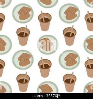 Dark Coffee in paper cup and Croissant on plate Seamless Pattern Croissant Day, Coffee Day Backdrop. Isolated Vector illustration Greetings Thematic Cards Party Invite Banner, leaflet, post background Stock Vector