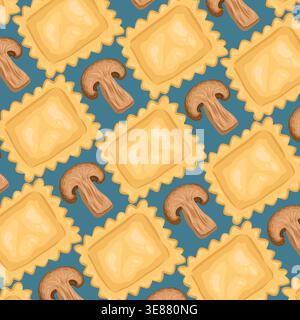 Mushroom and ravioli vector seamless pattern. Hand drawn staggered pasta and champignon on blue background. Traditional italian food for menu design. Organic kitchen ornament for wallpaper or fabric. Stock Vector