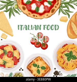 Italian food card background with pizza and lasagne. Square vector hand drawn illustration for cafe menu and restaurant template. Cartoon drawing with cheese and ravioli for product packaging design. Stock Vector