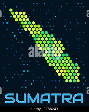 Sumatra hexagon dots map. Indonesia. Digital style shape of the island. Sumatra map and title. Stock Vector