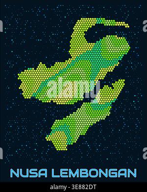 Nusa Lembongan hexagon dots map. Indonesia. Digital style shape of the island. Nusa Lembongan map and title. Stock Vector