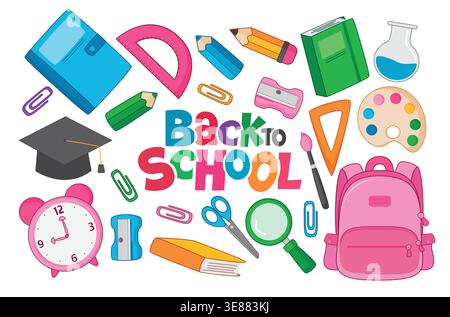 Back to School Colorful elements clipart set design. Bright and colorful back to school clip art collection with various school supplies like backpack Stock Vector