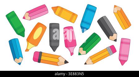 Colorful Crayons and Pencils School supplies clipart set. Set of colorful crayons, pencils, and markers in flat cartoon clip art design with bright Stock Vector
