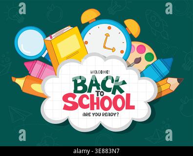 Back to School greeting clipart background design. Back to School greeting text in cloud grid line space with school supplies like book, alarm clock Stock Vector