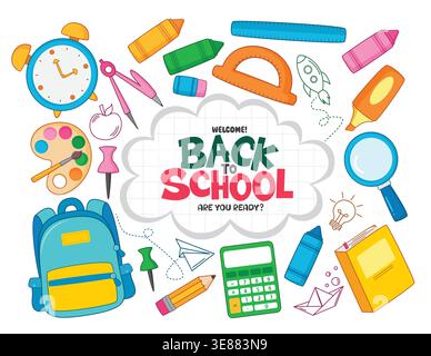 Back to School education elements clipart set. School supplies like backpack, book, alarm clock, crayon, watercolor, ruler, magnifying glass Stock Vector