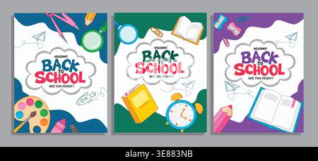 Back to School greeting clipart poster set. Back to School greeting text with School supplies in grid line colorful abstract background clip art Stock Vector