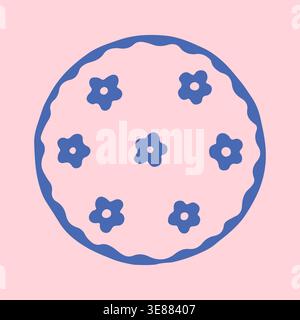 Hand drawn vector illustration of a circular plate featuring small blue flower ornaments. Decorative doodle graphic of a tableware item for cozy Stock Vector