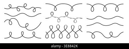 Seamless wavy swirl line pattern set. Flowing curves and continuous squiggle strokes. Thin doodle lines forming undulating abstract curvy stripes and tangled shapes. Minimal decorative border linework Stock Vector