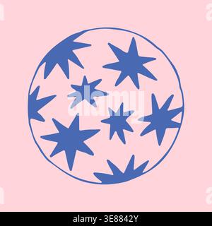 Hand drawn vector illustration of a ceramic plate decorated with various star shapes. Blue doodle graphic of a dinnerware item for kitchen interior or Stock Vector