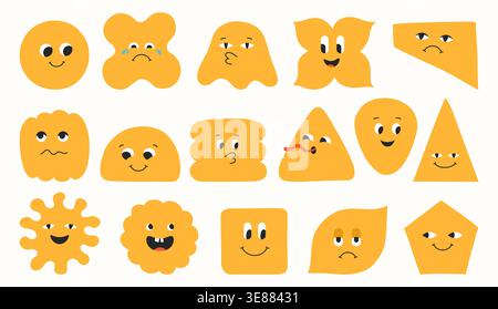 Geometric characters set, blob shapes and expressive comic smiling childish different faces. Abstract playful figures eyes, emotions quirky forms. Fun modern cartoon geometry drawing happy face art Stock Vector