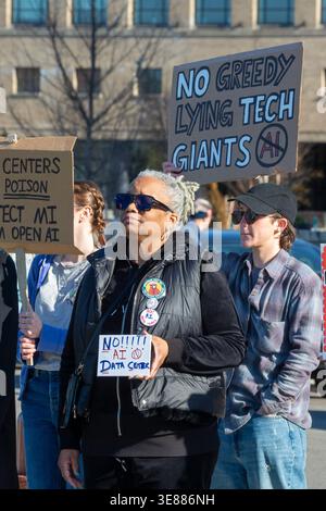 Detroit, Michigan - A rally against AI data centers in Michigan, one of six protests held across the state. Stock Photo