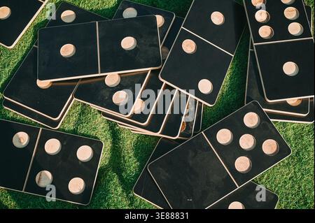 Top view of oversized wooden domino tiles scattered on green grass. Perfect for outdoor leisure concepts, family games, summer activities, and creativ Stock Photo