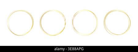 Gold golden frame ring set. Gold circular ring line glitter luxury hand drawn outline texture. Elegant doodle sparkle light metal effect for wedding decoration logo. Vector illustration Stock Vector