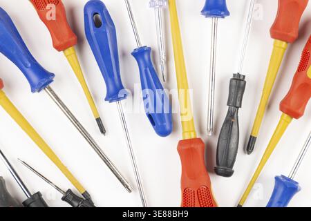 Different colorful screwdrivers on white background Stock Photo