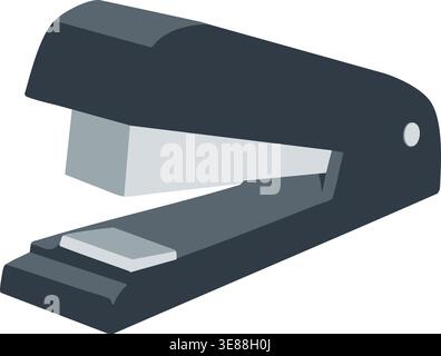 Simple colored illustration of a black desktop stapler shown in side view with a metal base and hinged top. Stock Vector