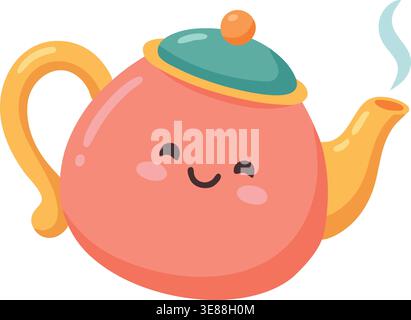 Adorable colored illustration of a rounded teapot with a smiling face curved spout lid and rising steam. Stock Vector