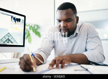 Compass, construction and drawing with architect at desk in office for building plans or development. Blueprints, measurement and pencil with black Stock Photo