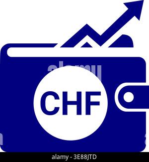 Swiss Franc CHF currency wallet icon with rising arrow, blue money growth and financial investment success vector, banking profit and wealth concept Stock Vector