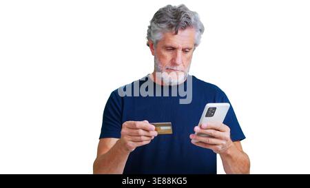 Senior man using smartphone for online shopping with credit card Stock Photo