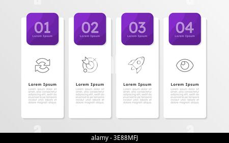 Startup management presentation purple rectangle infographic 4 steps Stock Vector
