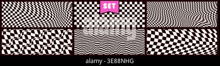 Groovy psychedelic checkerboard black and white patterns. Retro abstract aesthetic web banners. Stock Vector