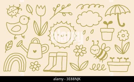 Hand drawn vector set of spring garden doodles. Cute minimalist icons featuring sun flowers bee bird rainbow and watering can. Perfect for seasonal Stock Vector