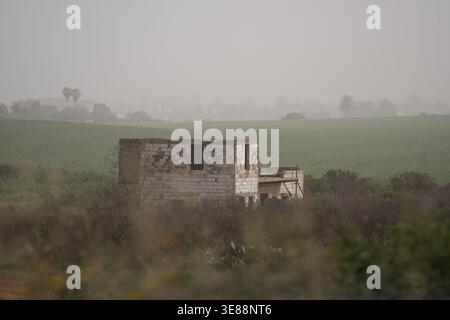 Abandoned concrete block building with an unfinished structure standing in a vast green field, surrounded by dry vegetation and distant hazy trees, de Stock Photo