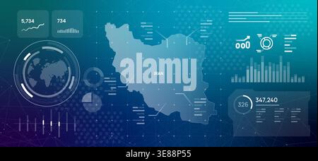 map of Iran with data visualization dashboard interface including futuristic infographics global charts and corporate statistics on dark blue hi-tech Stock Vector