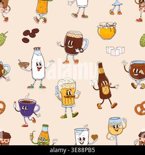 Cartoon groovy drink characters seamless pattern including wine, coffee, and milkshake with happy faces. Retro vector design with 70s vibe beverages like beer, tea and honey jars for restaurant menu Stock Vector