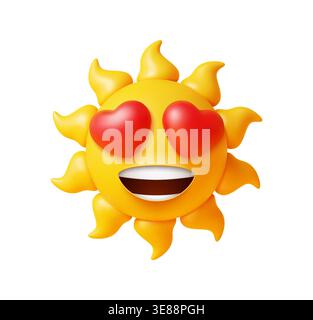 3d sun funny emoji smiling face character. Yellow 3D sun face emoticon face, sunny weather happy emotion mood vector personage. Sunshine smiling expression emoticon character with love heart eyes Stock Vector