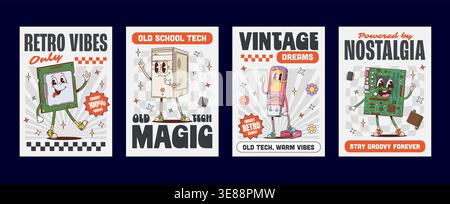 Cartoon funky groovy computer parts and sound device characters. Vector hippie desktop pc and laptop computer equipment mascots of monitor, microphone and keyboard. Retro groovy headphones, USB, mouse Stock Vector