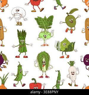 Groovy vegetable characters pattern. Fabric or textile groovy vector seamless pattern or print with pumpkin, bell pepper, onion, olive and corn, romanesco, asparagus and kohlrabi funky personages Stock Vector