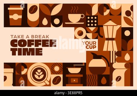Coffee time banner with brown and beige geometric pattern featuring cup, mug, kettle pot, grinder and roasted beans with bold take a break typography on modern grid background for cafe or cafeteria Stock Vector