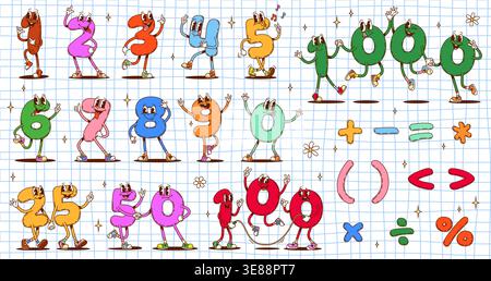 Groovy math number characters for kids mathematics and counting, cartoon vector. Funny groovy math number characters with funky face and happy smile, school numbers and mathematical equation symbols Stock Vector