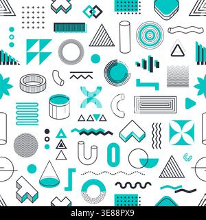 Turquoise and white Memphis geometric shapes seamless pattern. Wrapping paper vector seamless print with Memphis geometric forms. Abstract graphic shapes wallpaper pattern or repeated details backdrop Stock Vector