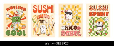Groovy japanese sushi and roll character posters. Retro y2k funny asian cuisine food vector posters of cartoon groovy nigiri, gunkan and onigiri sushi characters with chopsticks, salmon and avocado Stock Vector