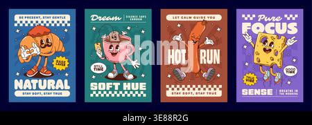 Funny breakfast groovy hippie characters posters with vector slogans stay soft, stay true, dream and silence says enough. Let calm guide you, hot run, good time, true vibe and breathe in the morning Stock Vector