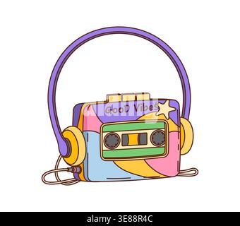 Retro portable cassette player groovy object. Vintage electronics device, music stereo audiotape recorder or cartoon isolated vector vintage stereo music cassette portable player with headphones Stock Vector