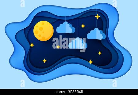 Paper cut night sky with stars and clouds. Night dream and sleep paper cut vector concept. Yellow full moon, night sky shiny stars and blue clouds hanging on rope papercut background or backdrop Stock Vector