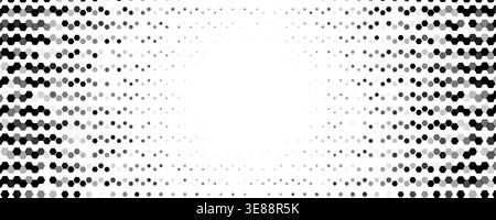 Hexagon halftone wave across center, motion, tech energy. Honeycomb dots create gradient, optical depth. Topics: tech, data. Use for banner, cover Stock Vector