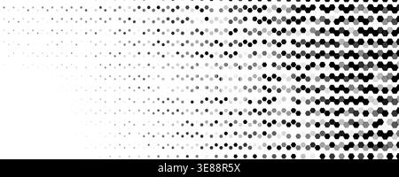 Hexagon halftone wave across center, motion, tech energy. Honeycomb dots create gradient, optical depth. Topics: tech, data. Use for banner, cover Stock Vector