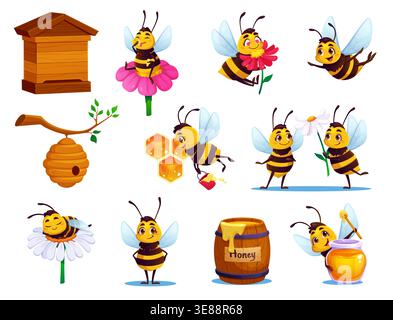 Cartoon funny cute bee characters in various life activities with flowers, hives, honeycombs and jars of honey. Vector set of cheerful insects symbolizing nature, teamwork, sweetness and pollination Stock Vector
