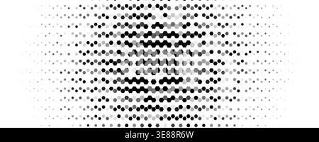 Hexagon halftone wave across center, motion, tech energy. Honeycomb dots create gradient, optical depth. Topics: tech, data. Use for banner, cover Stock Vector