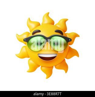 3d sun smiling emoji expression character. Yellow 3D sun face emoticon face, summer heat happy emotion emoji vector character. Sunshine head emoticon personage wearing transparent green sunglasses Stock Vector