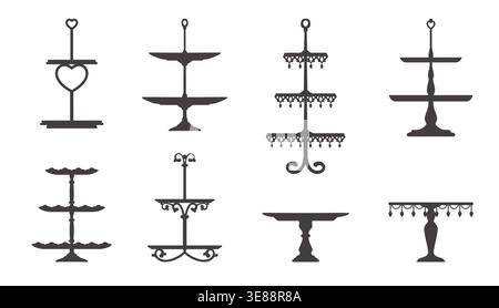 Cake pie platter, stand and tray silhouettes. Wedding and birthday dessert display for serving food for party. Luxury level pedestal for dish, cupcakes and sweets, chocolate, cookies Stock Vector
